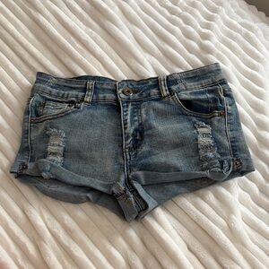 low rise blue denim shorts